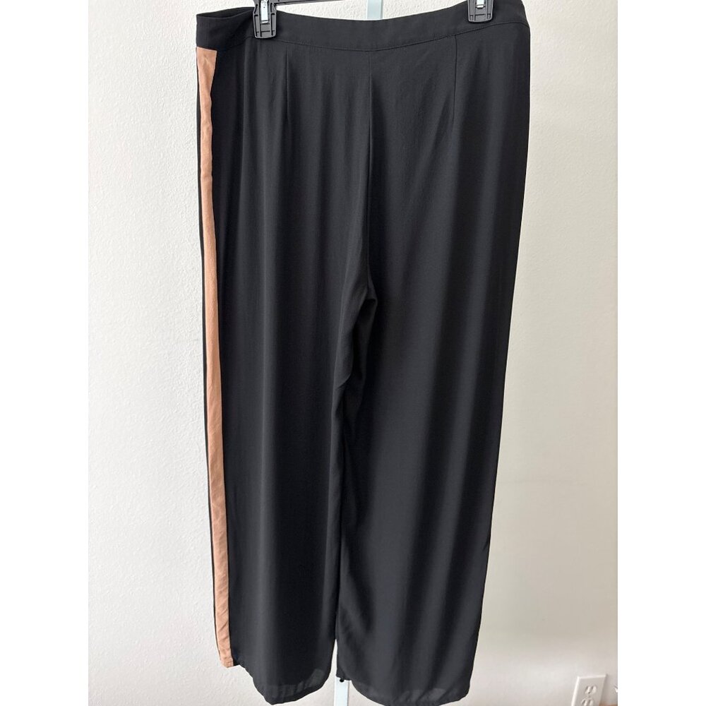 Eileen Fisher Pants 12P Silk Relaxed Straight-Leg Black Tan Stripe Quiet Luxury - Picture 3 of 12